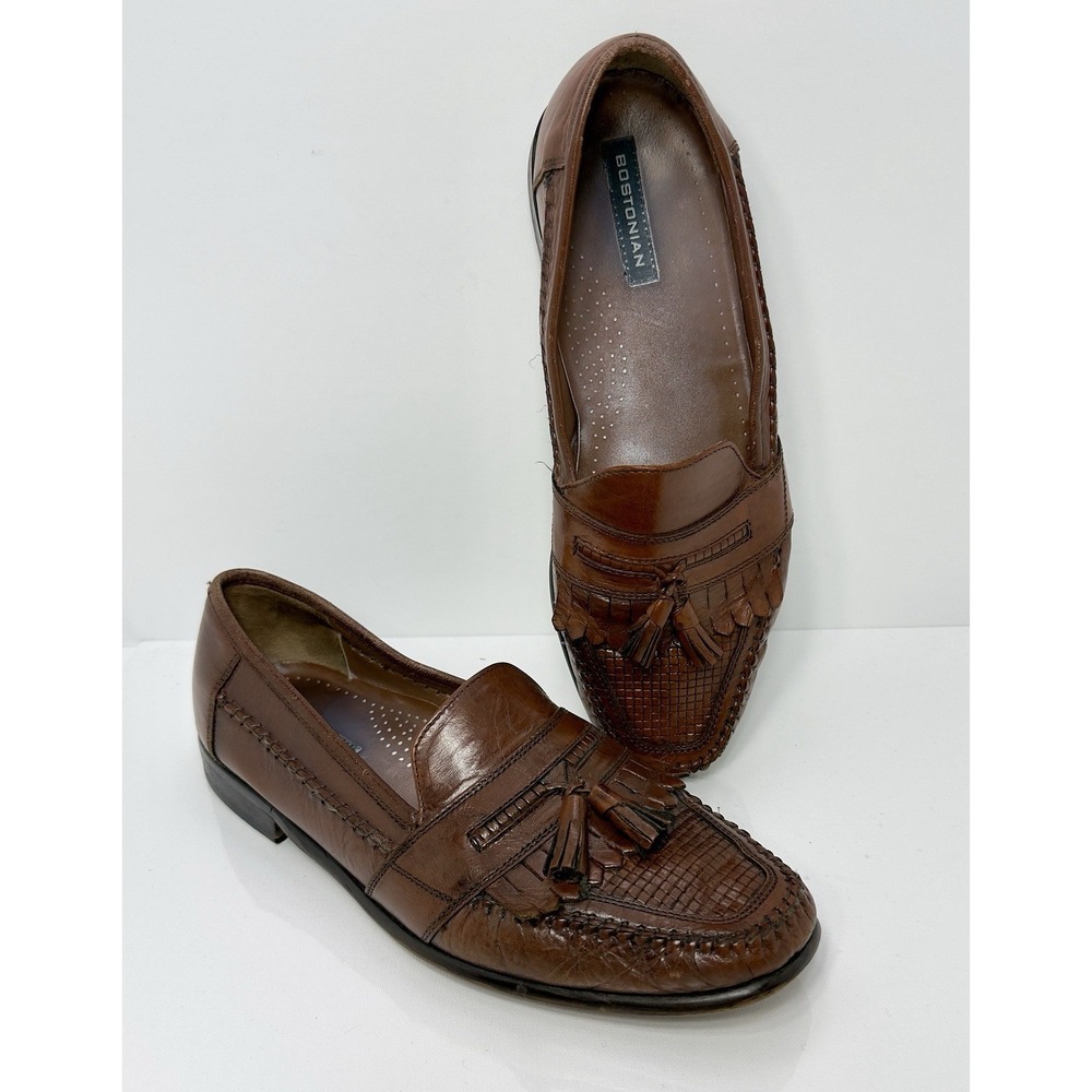 Bostonian Men 12 M Brown Leather Kiltie Tassel Loafers Woven Moc Toe Dress Shoes